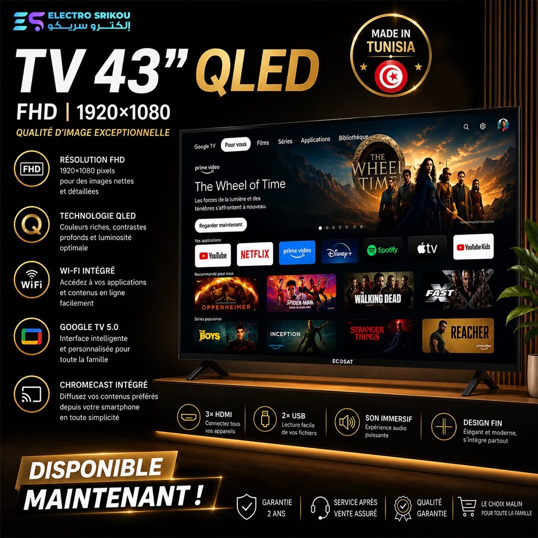 Tv Ecosat 43″ ECO43T2 LED Full HD Avec Récepteur FUN-40